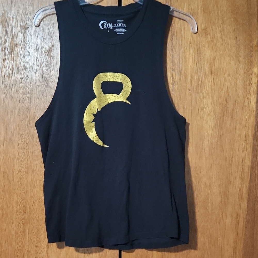 ZYIA Black Tank with Gold Kettlebell Graphic Size Large New Without Tags